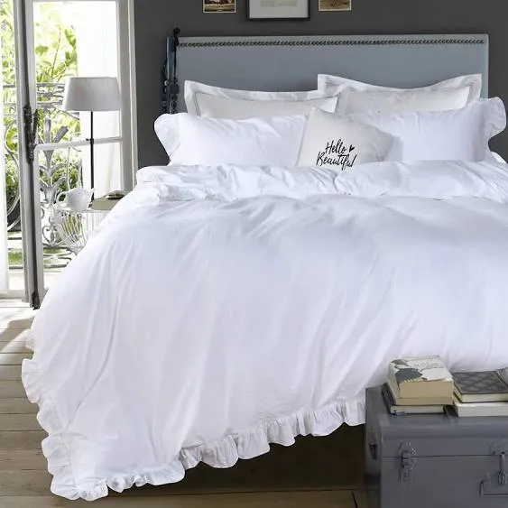 QSH White Shabby Ruffle Duvet Cover Full Size,Washed Cotton Farmhouse Boho Chic Aesthetic Cute Bedding Comforter Quilt Cover 3 Pieces Ultra Soft and