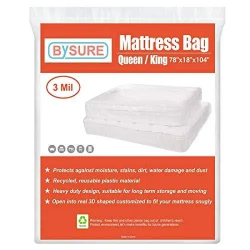 BYSURE 2-Pack 5 Mil Mattress Bag for Moving and Storage - Transparent Mattress Disposal Bag - Fits Queen/King Size