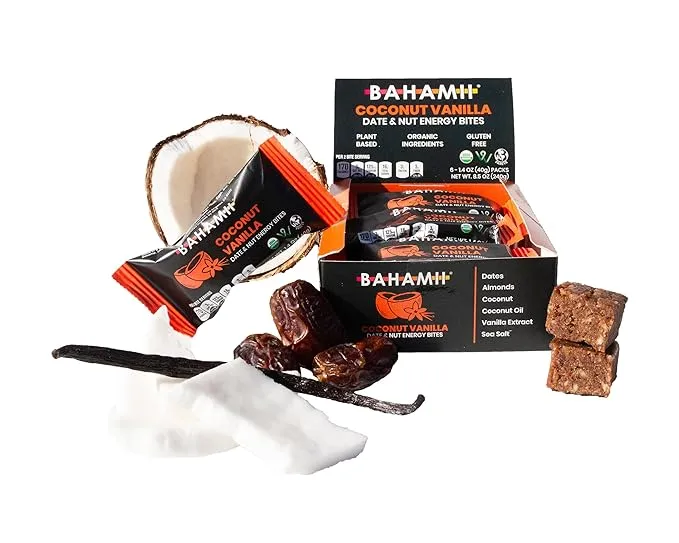 Bahamii Nuts & Date Bars, Organic Healthy Snacks | Coconut Vanilla 6-Pack | Gluten Free & 0g Added Sugar Low Calorie Snacks, No Preservatives, Plant Based, Kosher, Diabetic Snacks