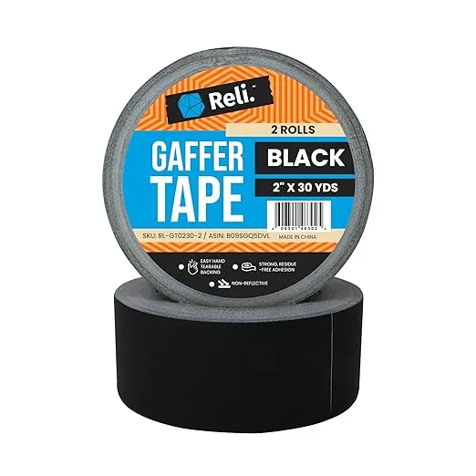 Reli. Gaffers Tape, Black | 2 Rolls | 2" x 30 Yards Per Roll (60 Yards Total) | Heavy Duty Gaff Tape/Gaffer Tape 2 Inch Wide | Black Cloth Tape for Cables/Electrical Cords, TV Production/Filming