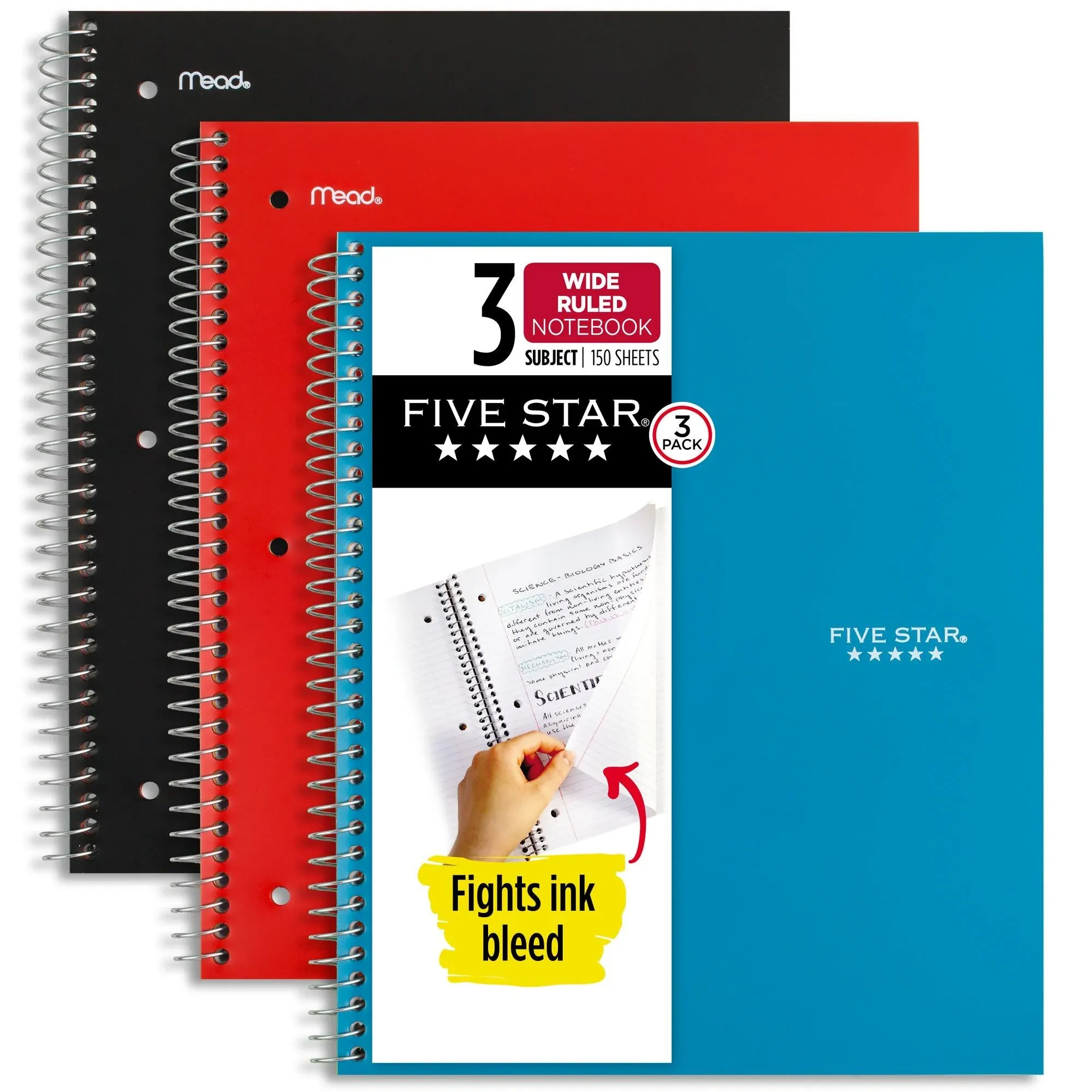 Five Star Wirebound Notebook, 3-Subject, Wide/Legal Rule, Assorted Cover Color, (150) 10.5 x 8.63 Sheets, 3/Pack