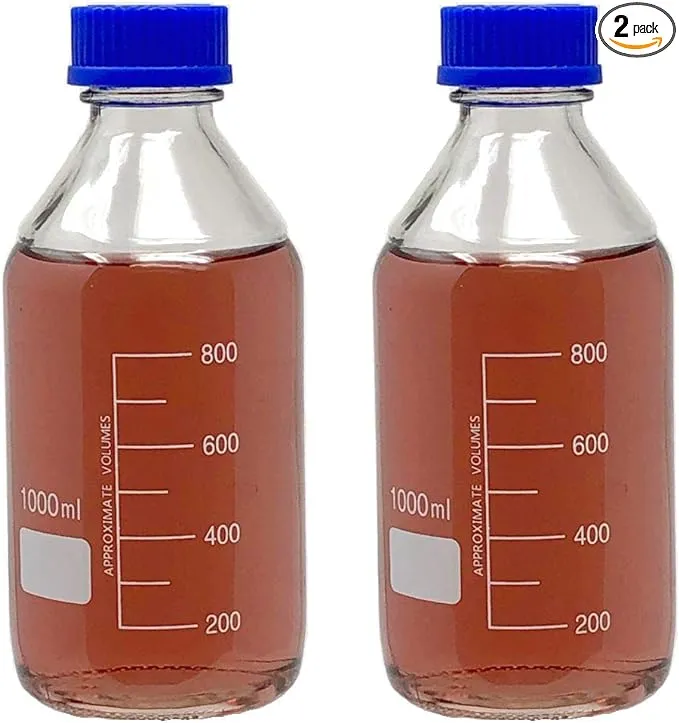 1000ml Glass Round Media Storage Bottles with GL45 Screw Cap, Borosilicate Glass, Heavy Duty, Karter Scirentific (Pack of 2)