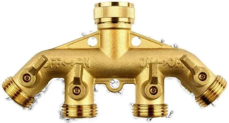 Heavy Duty 4-way Garden Hose Splitter Shut off valves All Brass Stainless Ball