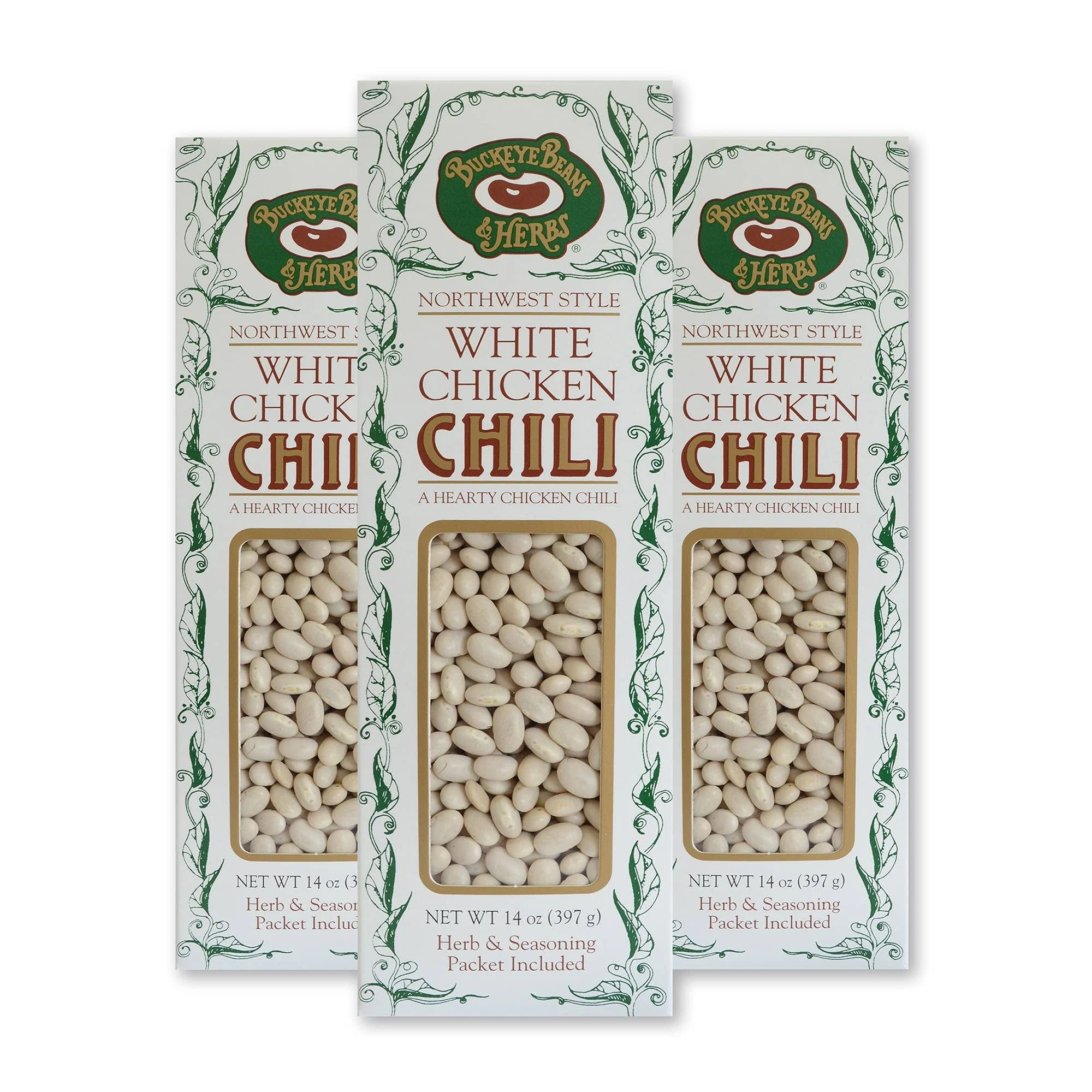 Buckeye Beans & Herbs, White Chicken Chili Mix, Herb & Seasoning Packets Included, 3 14oz Boxes