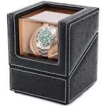 DRIKLUX Automatic Single Watch Winder for Rolex and Other Luxury Watches - Automatic Winder with Quiet Motor, Premium Black Ostrich Leather Exterior and Soft Flexible Watch Pillows of Camel Velvet