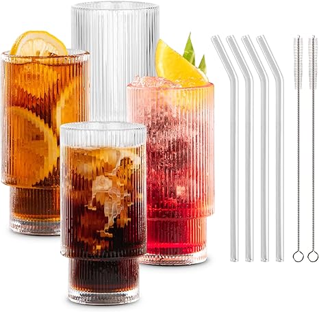 Combler Ribbed Drinking Glasses, Ribbed Glass Cups 11oz Set of 4, Ribbed Glassware for Water Whiskey Beer Cocktail Glasses, Iced Coffee Cup, Apartment Must Haves Essentials, Birthday Gifts for Women