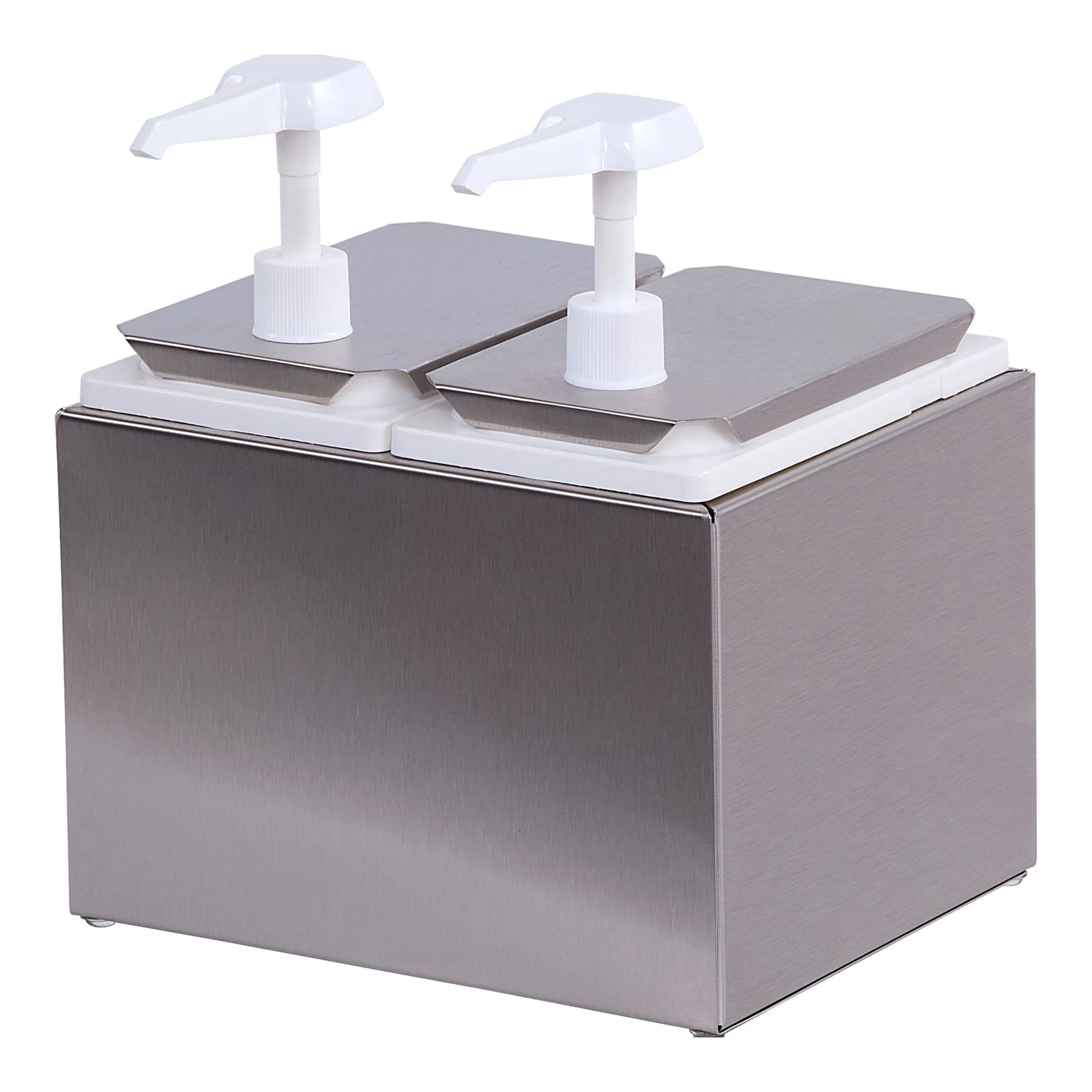 Topping Rail Dispenser, 9-5/8in.L x 7-3/4in.W x 10-3/4in.H, double-unit, countertop design, (2) standard pumps, (2) removable 2-1/2 qt jars, (2) restrictor clips for 1/2 and 1 ounce portions, non-slip rubber footing, 18/8 stainless steel