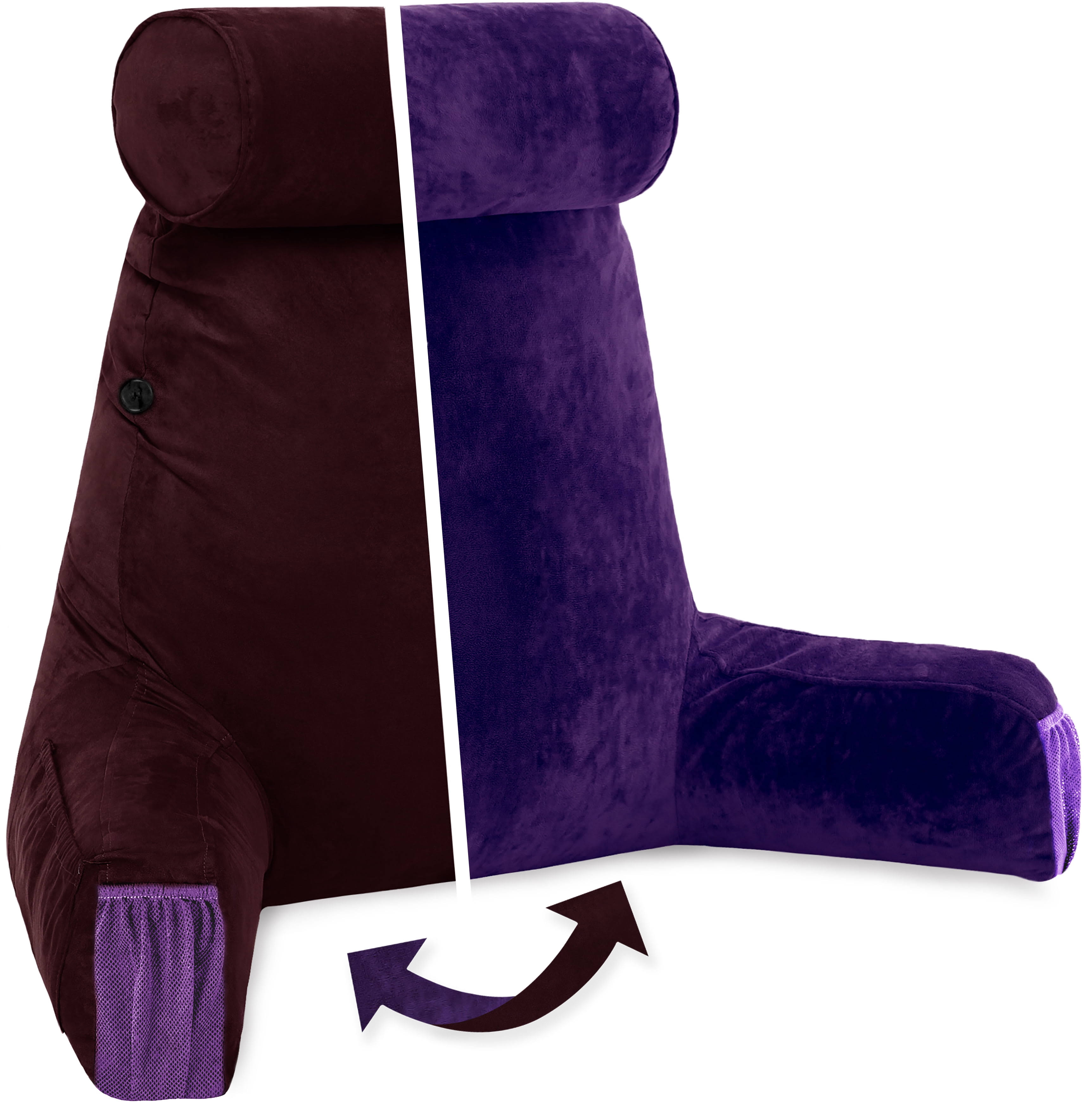 Husband Pillow Medium Aspen Edition Mauve Purple, Sit Up Reading & Bed Rest with Arms, Ultra-Comfy, Detach Neck Roll - Premium Shredded Memory Foam Backrest, Reverses to Micro: Suede or Plush