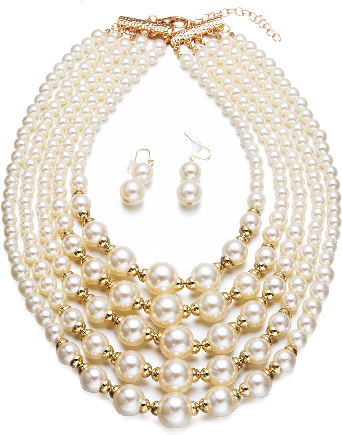 Yuhuan Women Elegant Pearl Jewelry Set Bead Cluster Collar Bib Choker Necklace and Earrings(Ivory)