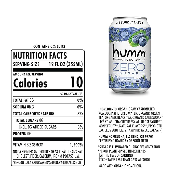 Humm Probiotic Kombucha Zero Sugar Dragon Fruit - No Refrigeration Needed, Keto-Friendly, Organic, Vegan, Gluten-Free - 12oz Cans (16 Pack)