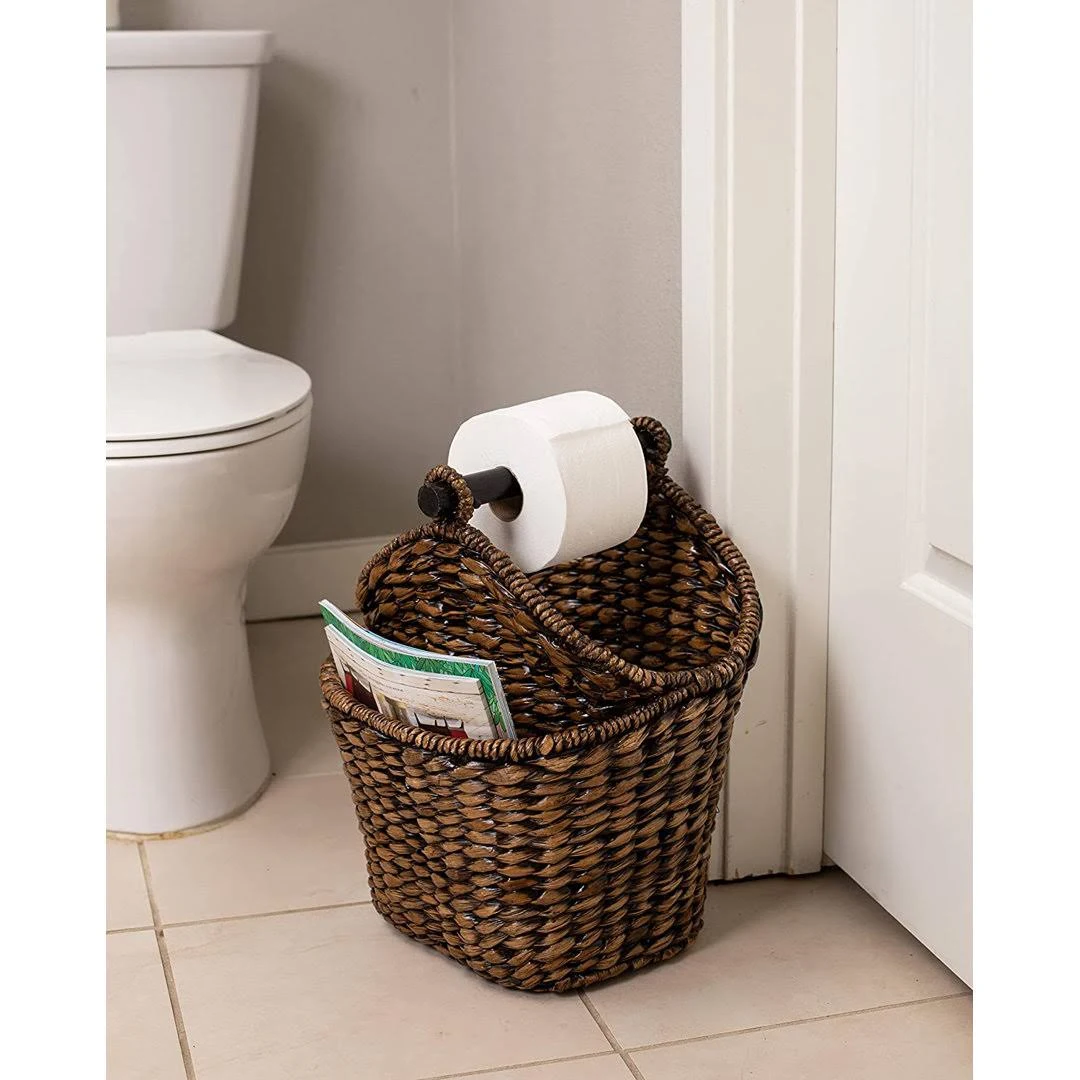 BIRDROCK HOME Seagrass Magazine and Bathroom Basket - Hand Woven Toilet Paper Holder with Pocket - Grey Wash Wooden Basket - Decorative Wicker Organizer for Toiletries, Washcloths, and Small Items