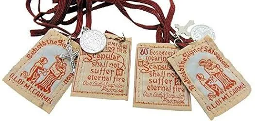 Traditional Best Brown Mt. Carmel Scapular Brown Cord with Benedict Medal and Crucifix 100% Wool & Hand-made in USA By Nuns. Cord Is 18 Inches in Length- Quantity 2