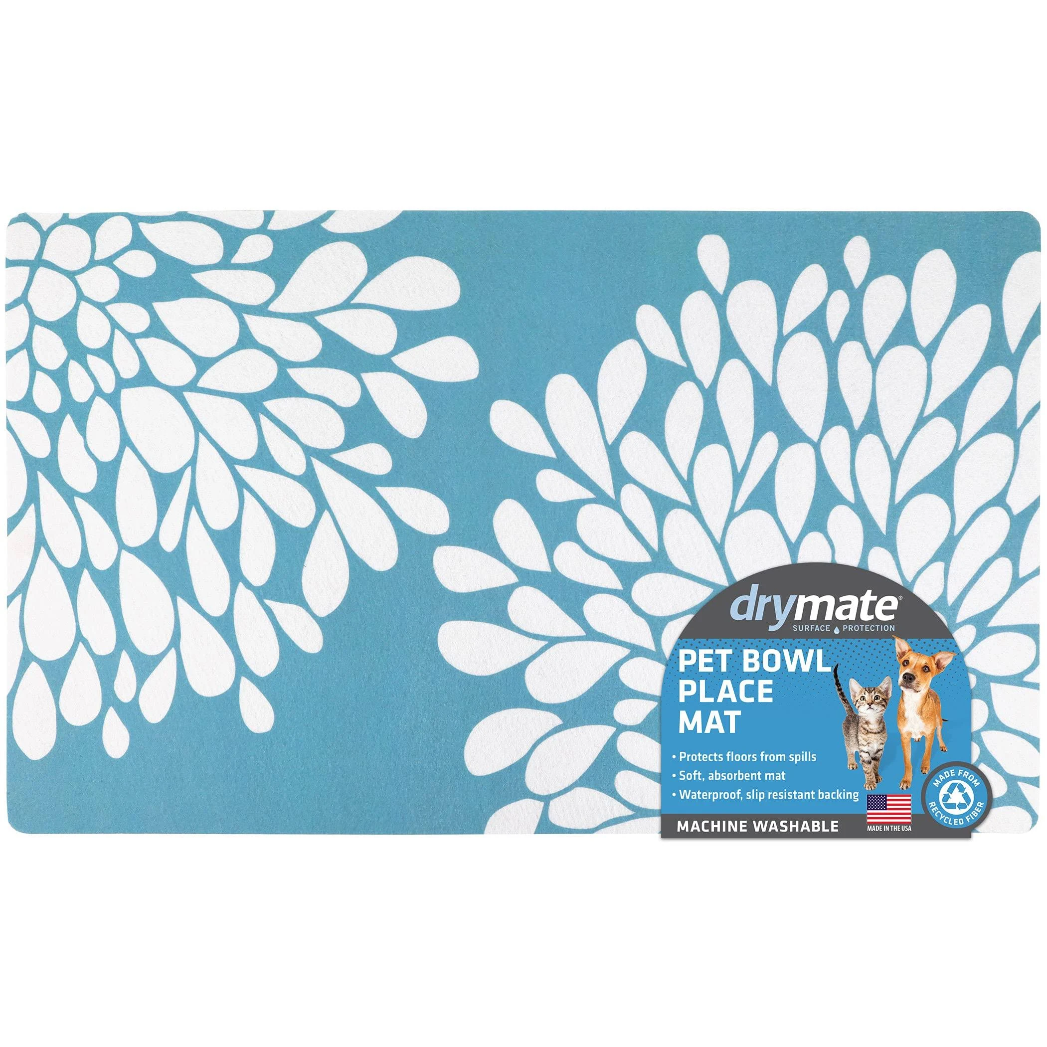 Drymate Pet Bowl Placemat, Dog & Cat Food Feeding Mat - Absorbent Fabric, Waterproof Backing, Slip-Resistant - Machine Washable/Durable (USA Made) (12” x 20”) (Rejuvenation Blue)