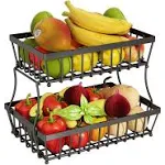 GILLAS 2 Tier Fruit Basket Countertop for Kitchen, Vegetable Bread Basket Fruit Bowl Storage Stand Detachable Metal Rectangular Wire Basket Black Large