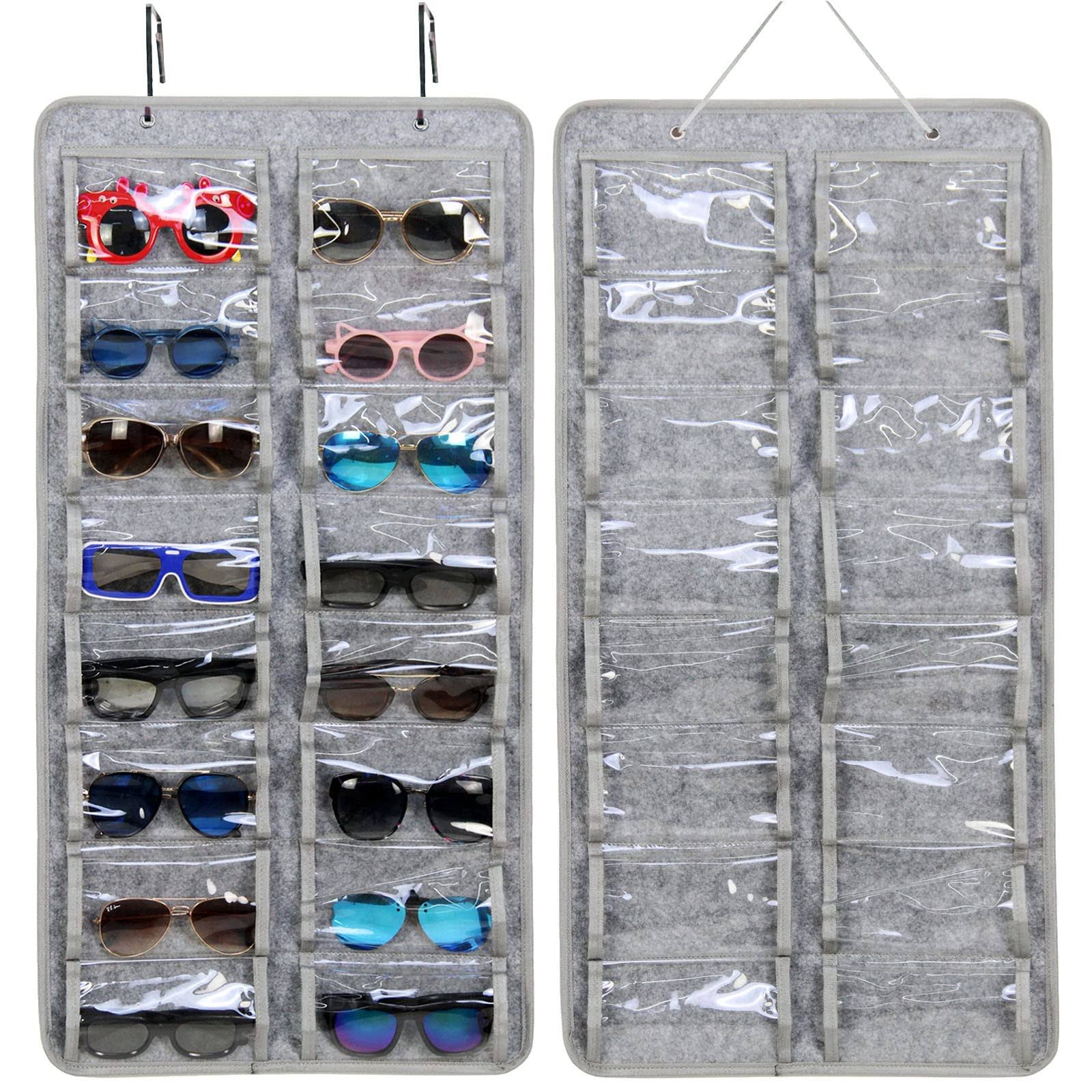 Casaphoria Sunglasses Organizer Storage, Hanging Dust Proof Wall Pocket Glasses Organizer - 16 Felt Slots Sunglass Organizer Holder with Metal Hook and Sturdy Rope, X-Large, Gray, Dust Proof