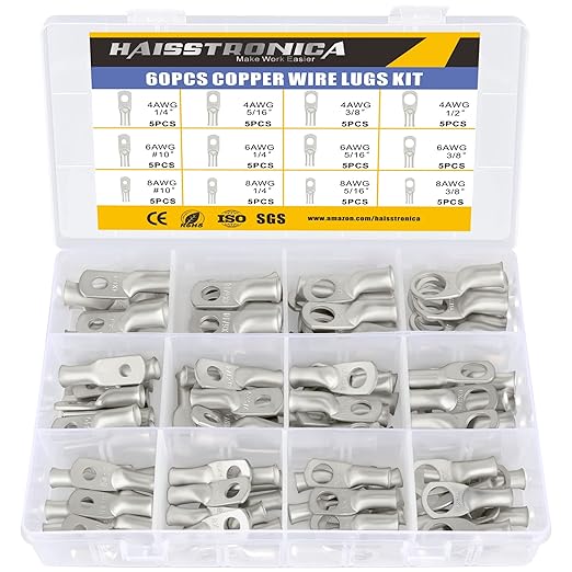 haisstronica 60PCS Tinned Battery Terminals Cable Lugs Kit,AWG 8 6 4 Heavy Duty Copper Wire Lugs,Eyelets Tubular Ring Terminals Battery Lugs(4Sizes/12Types)