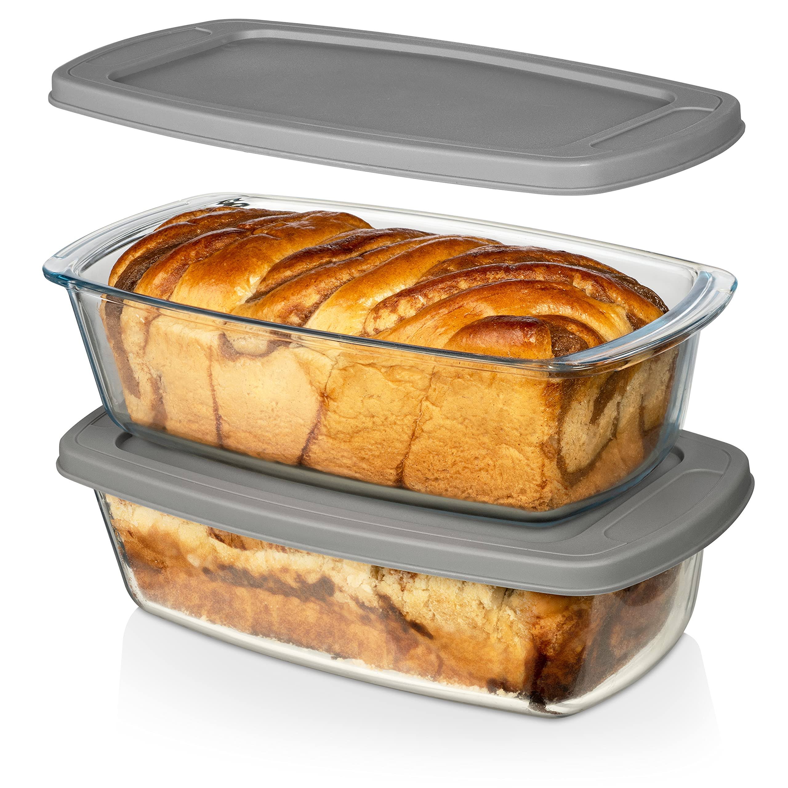 Razab 7.6 Cup Glass Loaf Pan Set with Lids - BPA-Free, Microwave & Oven Safe