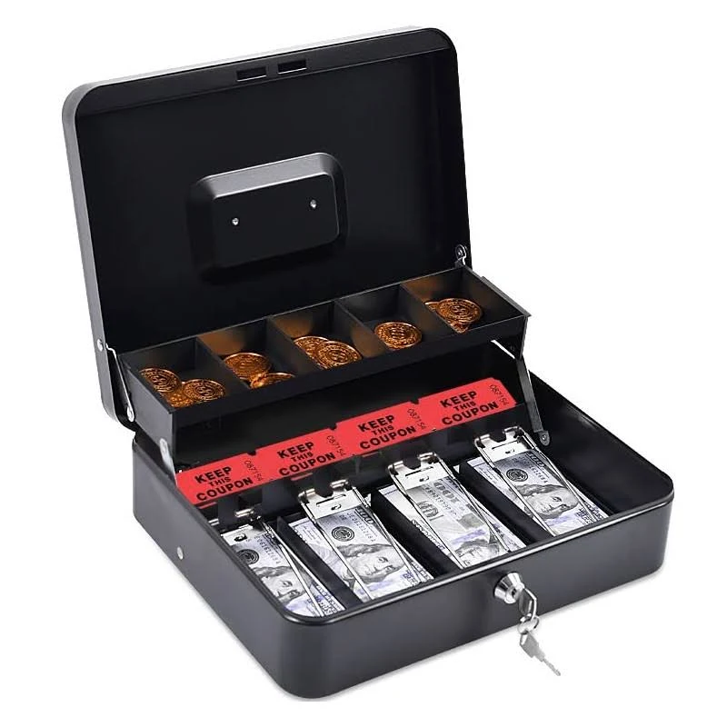 Cash Box with Money Tray, Durable Large Steel Money Boxes, 5 Compartment Tray...