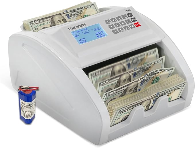 Money Counter Machine UV/MG/IR/DD/DBL/HLF/CHN Counterfeit Money Detector Bill Counter with LCD Display & Backup Battery, 1500 Bills/Min, S1070