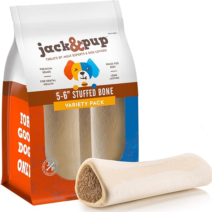 Jack&Pup Filled Dog Bones for Aggressive Chewers, 5 to 6" Dog Chew Treats Dog Bone. (Includes Flavors: Peanut Butter, Bacon & Cheese, Bully Sticks).