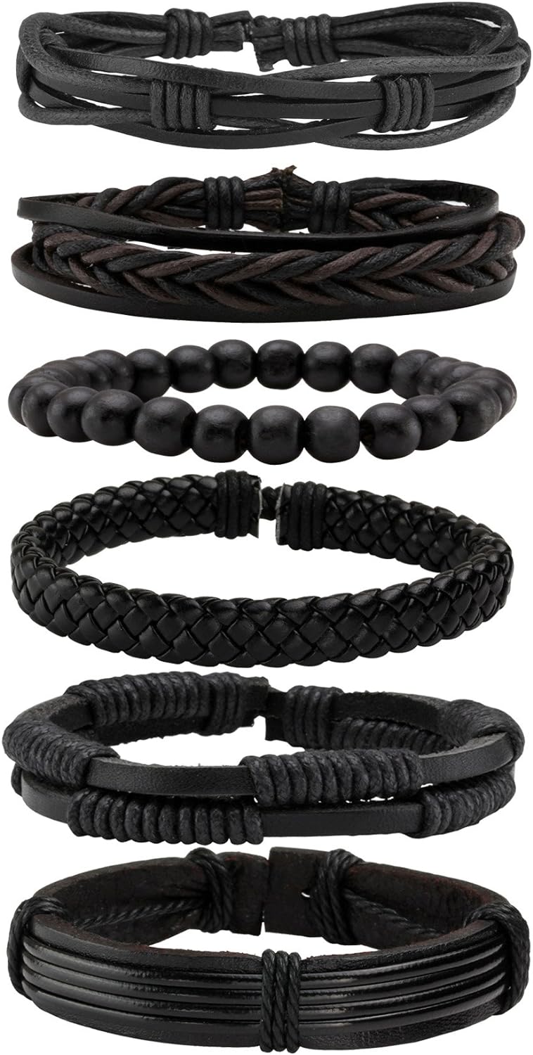 Men s Black White Braided Leather Punk Rock Cuff Wristband Bracelet For Men or Women 6pcs Set