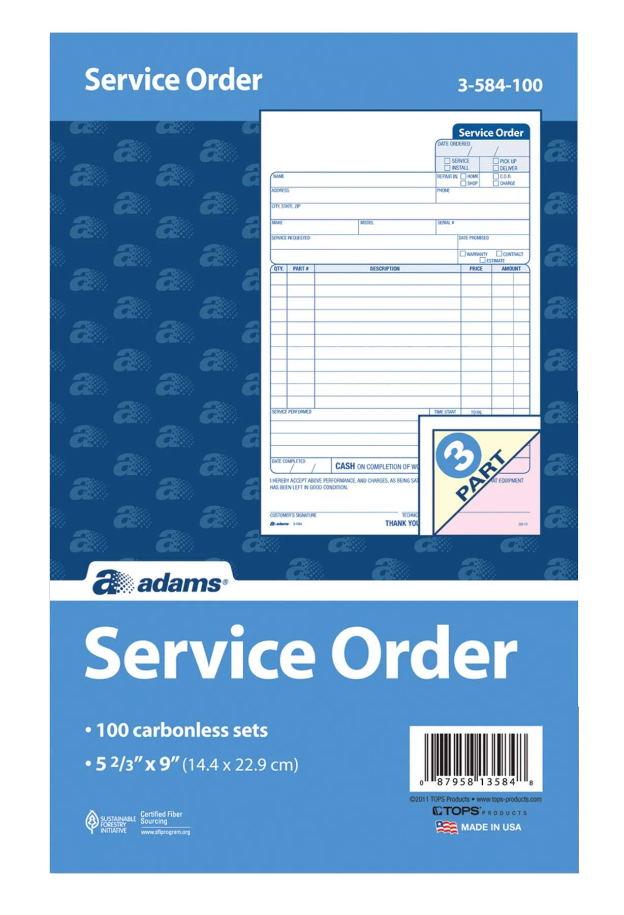 Adams Service Order Forms, 5-2/3&#034; x 9&#034;, 2 Pack (500 Forms/Sets), 3-584