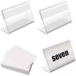 BILLIOTEAM 50pack Mini Clear Sign Display Holder with Blank Labels,3.2*2.2 Inch Horizontal Slanted L-Shape Plastic Name Card Price Card Tag Label Counter Top Stand