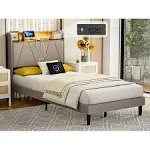 IKIFLY Twin XL Bed Frames with Storage Shelf Headboard & Charging Station, Upholstered Platform Bed with LED Lights, Solid Wood Slats, Noise-Free, No Box Spring Needed, Easy Assembly - Light Grey