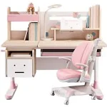 FCD Wood Adjustable Height Kids Study Desk with Chair, Reading Homework Drawing Table Computer Station Built-in Bookshelf Hutch, Tablet Holder, Tiltable Desktop and Storage Drawer (Pink, Wood of Fir)