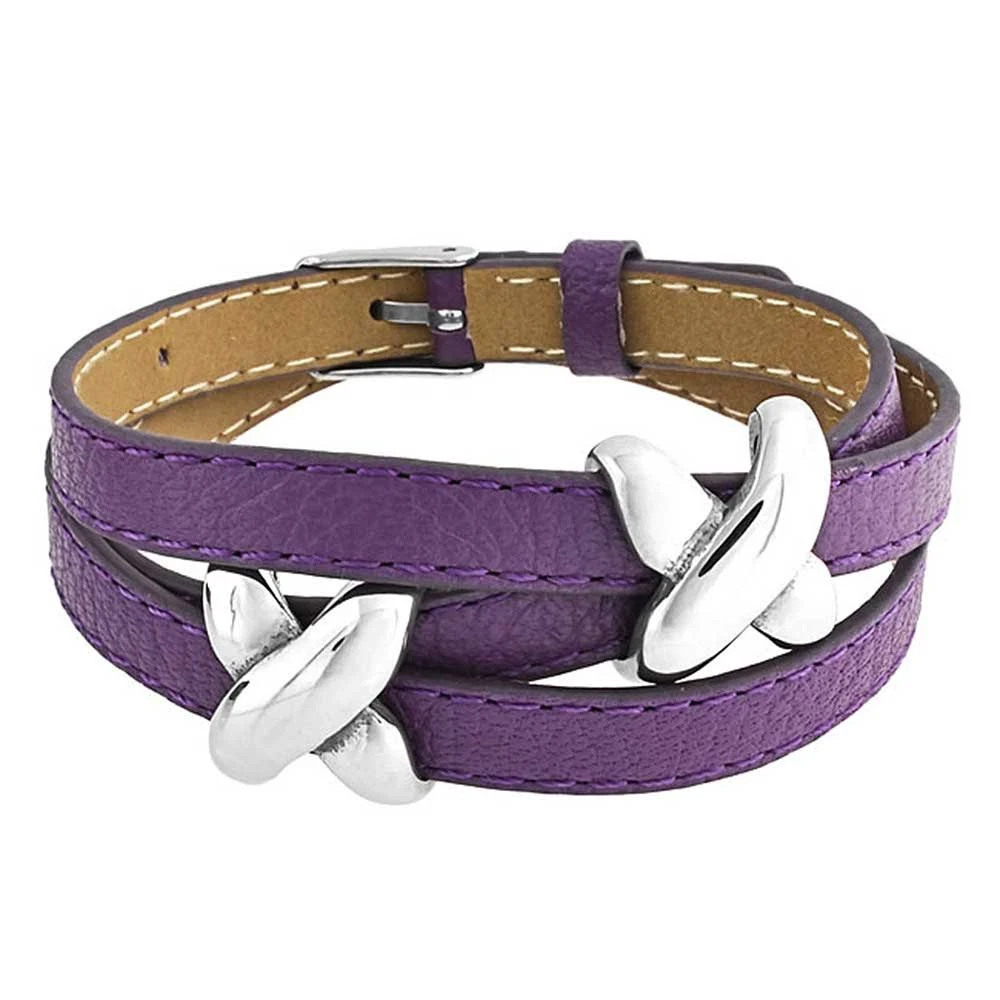 Bling Jewelry Boho Genuine Black Purple Leather Love Slide Charm X Kiss Triple Wrap Bracelet Adjustable Belt Buckle for Teen for Women Silver Tone Stainless Steel