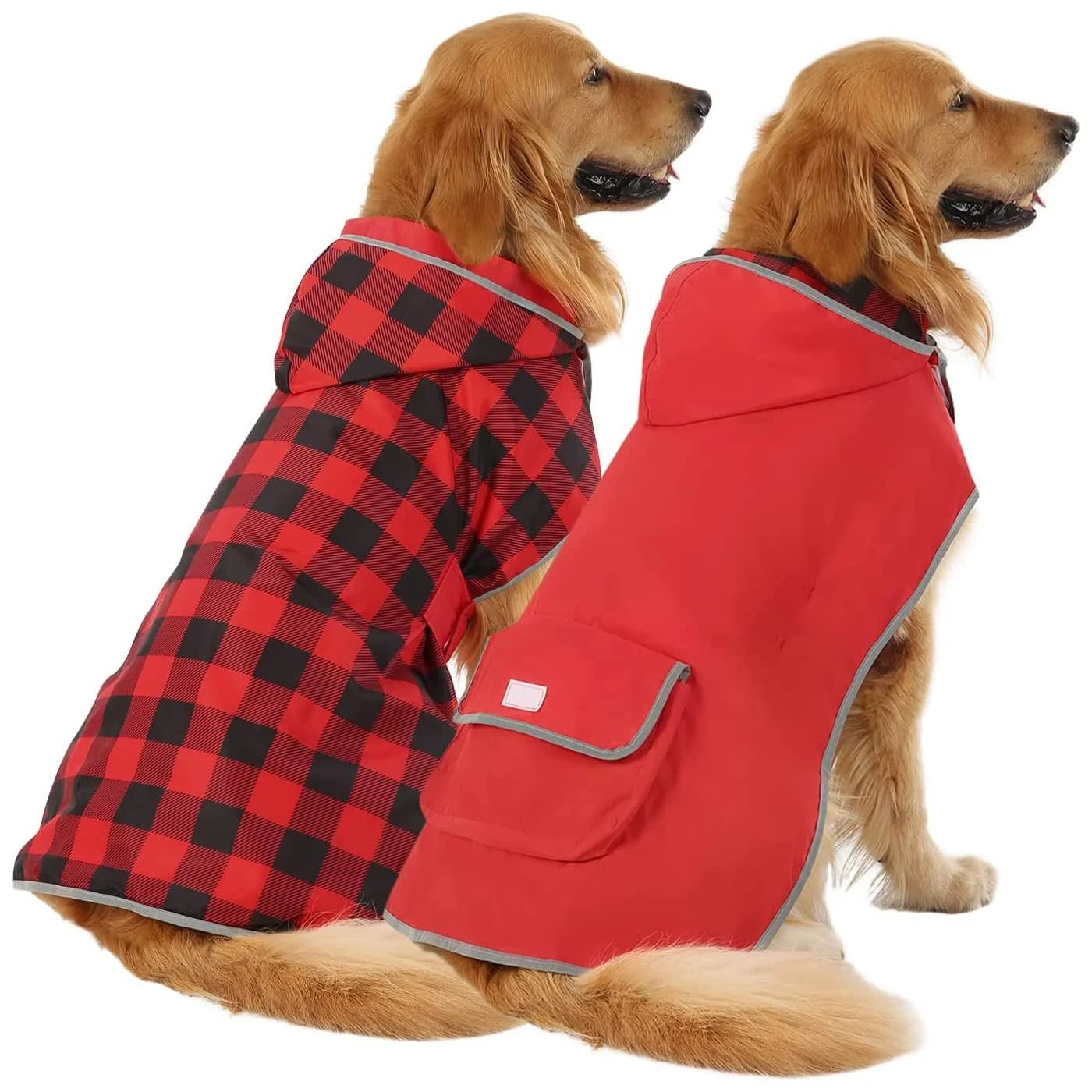 HDE Reversible Dog Raincoat Hooded Slicker Poncho Rain Coat Jacket for Small Medium Large Dogs Buffalo Plaid/Red - 3XL