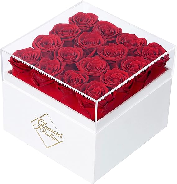 Glamour Boutique Preserved Roses in A Box - Valentines Day Gifts for Her, Wife & Mom, 16-Piece Rose Forever Flowers Decor for Birthday Gift, Get