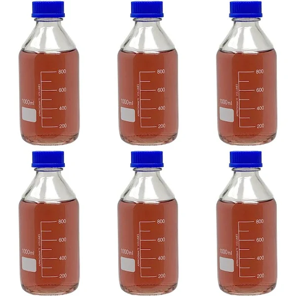 Karter Scientific 1000ml Glass Round Media Storage Bottles with GL45 Screw Cap, Borosilicate Glass, 251N5 (Case of 6)