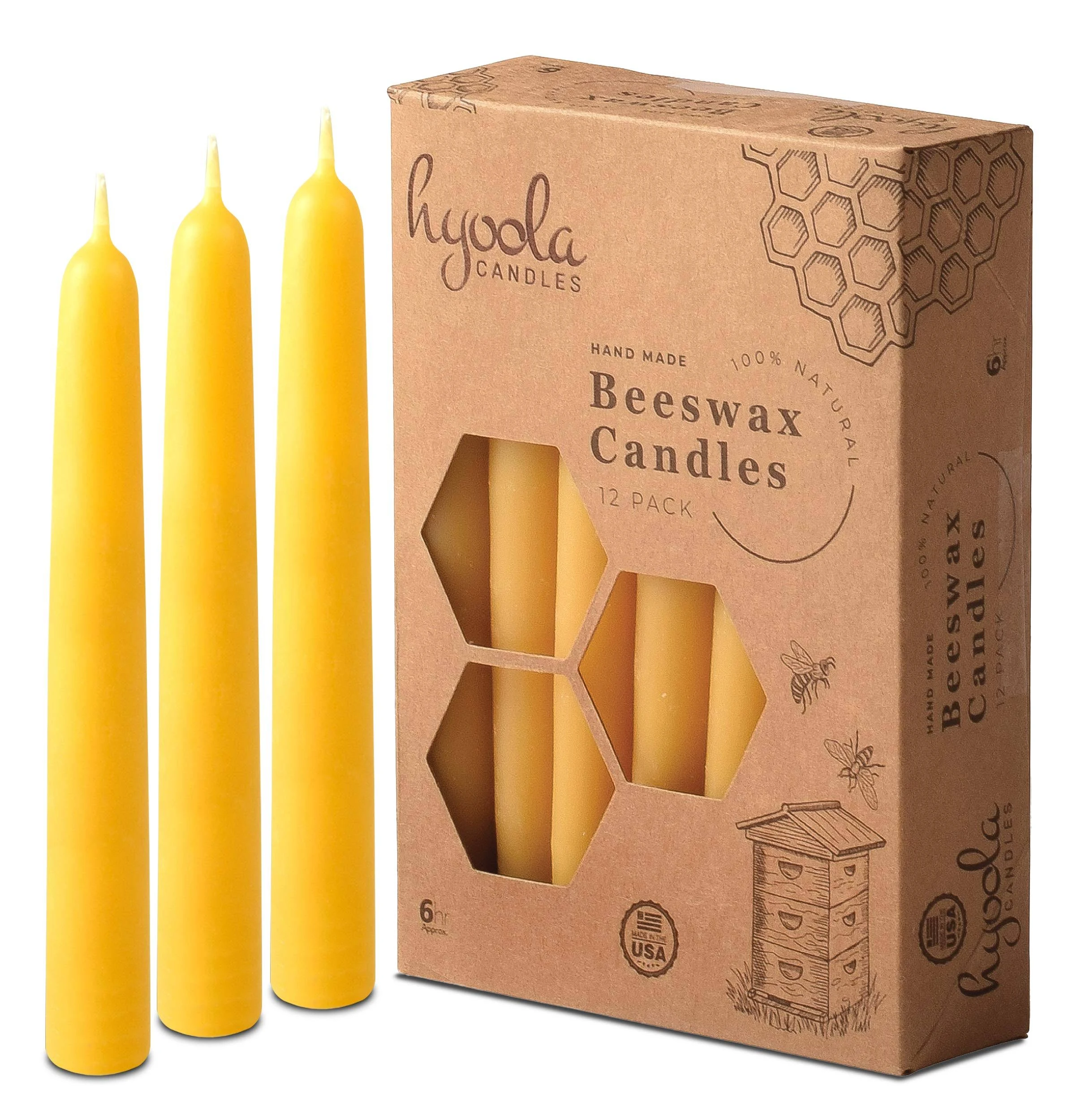 Hyoola Beeswax Taper Candles 12 Pack - Handmade, All Natural, 100% Pure Scented Bee Wax Candle - Tall, Decorative, Golden Yellow - 6 Hour Burn Time