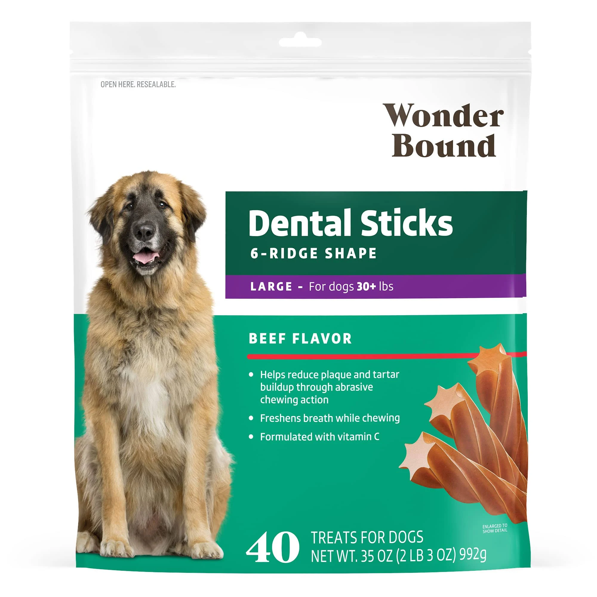 Amazon Brand - Wonder Bound Beef Flavor Dental Sticks for Large Dogs (Over 30 lbs), 6-Ridge Shape for Plaque & Tartar Control, Freshens Breath, Formulated with Vitamin C, 40 Count (Pack of 1)