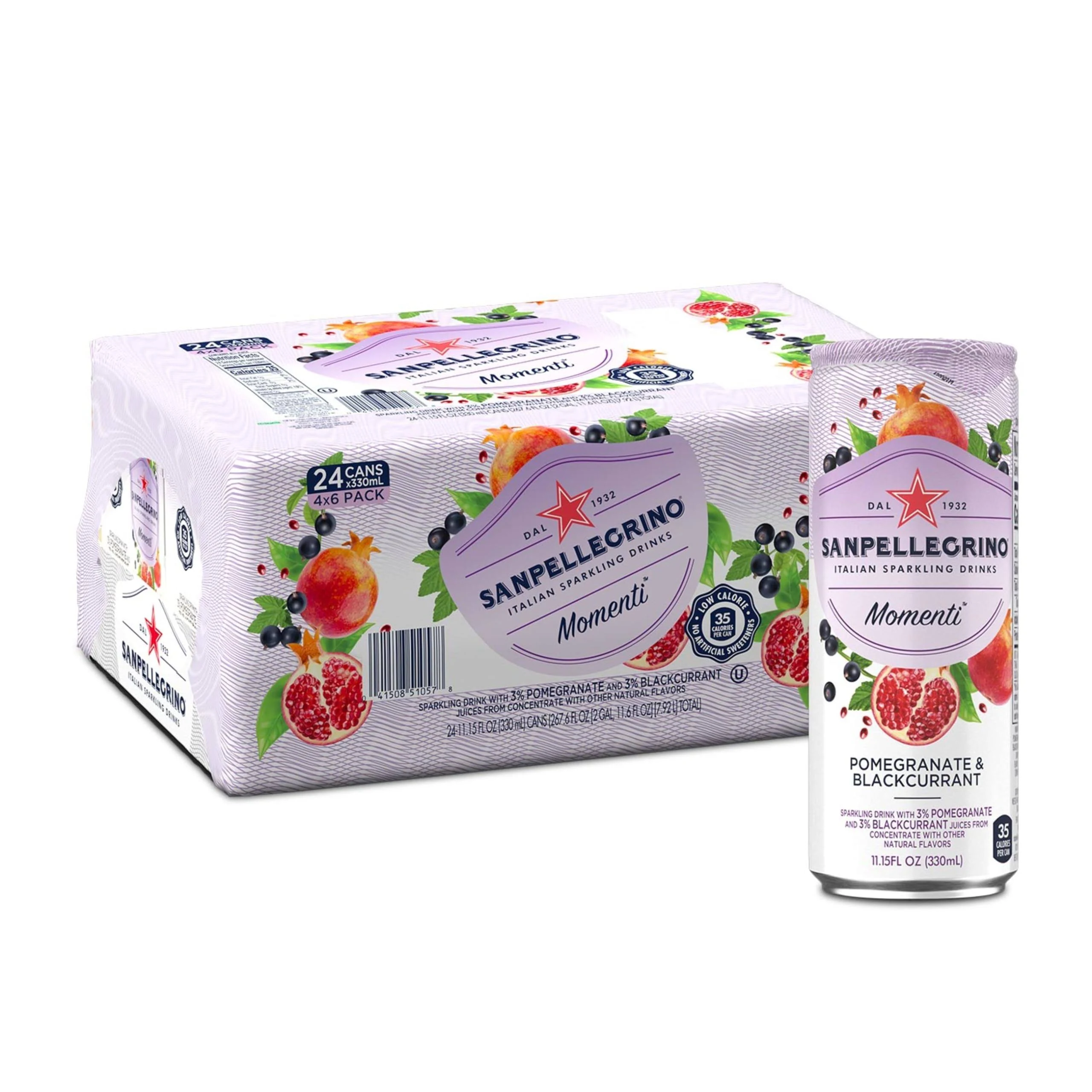 Sanpellegrino Momenti Pomegranate Blackcurrant Flavored Sparkling Drink, 24 Pack of 11.15 Fl Oz Cans