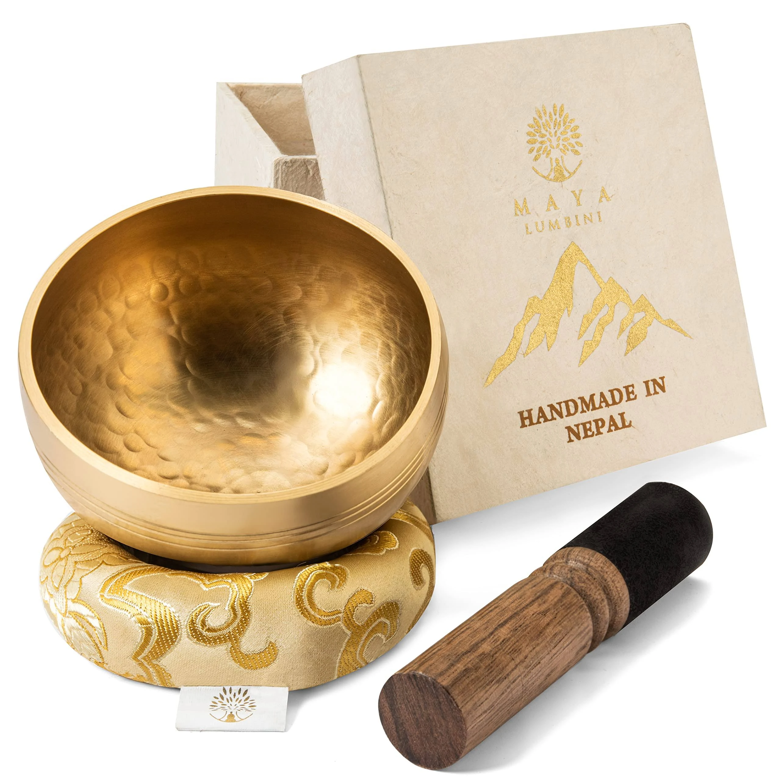 Tibetan Singing Bowl Set by MAYA LUMBINI — 4” Meditation Sound Bath Bowl and Suede Wooden Mallet with Lokta Gift Box — Hand Hammered Nepali Instrument for Yoga, Chakra Healing and Stress Relief