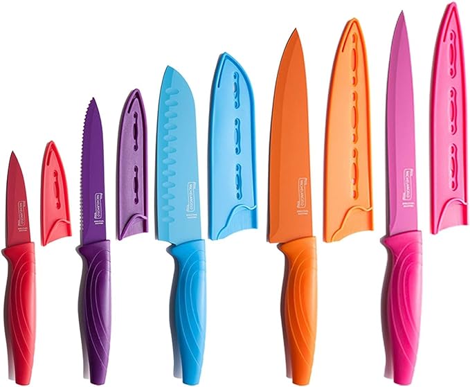 MICHELANGELO Knife Set, Sharp 10-Piece Kitchen Knife Set with Covers, Multicolor Knives, Stainless Steel Knives Set for Kitchen, 5 Rainbow Knives & 5 Sheath Covers