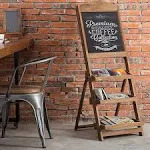 MyGift Rustic Burnt Wood Freestanding Chalkboard Easel with 3-Tiered Display Shelves, Decorative Chalkboard Plant Shelf Stand