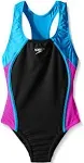 Speedo Girl&#039;s Swimsuit One Piece Mesh Splice Thick Strap Black/Pink/Blu<wbr/>e Size 12