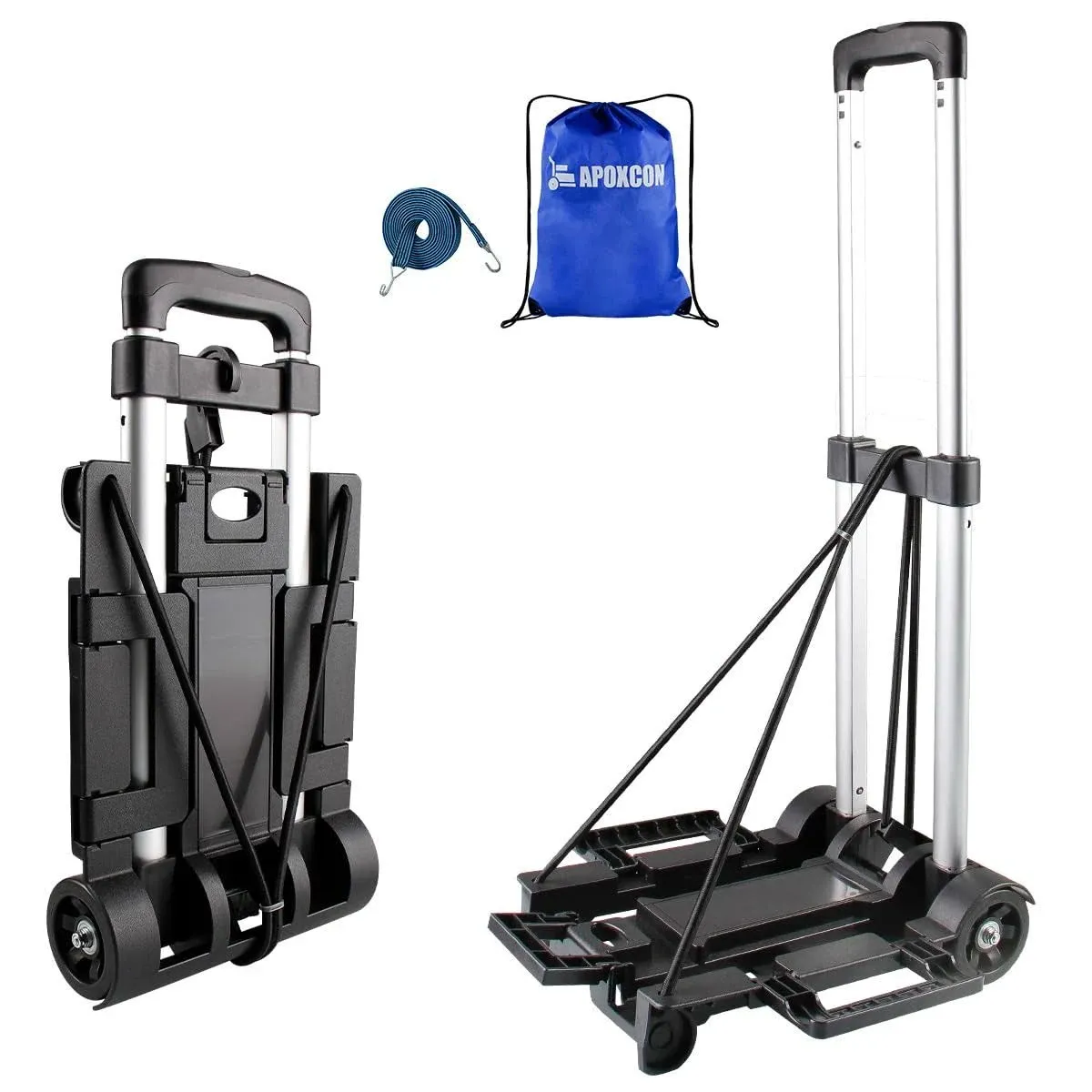 Folding Hand Truck, Expandable Light Weight Luggage Cart with 2 Wheels, Free Bungee Cord and Storage Bag, Aluminium Foldable Trolley for Travel, Shopping，Moving, Office