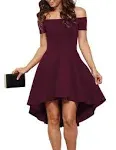 Sarin Mathews Women Off The Shoulder Short Sleeve High Low Cocktail Skater Dress Burgundy S