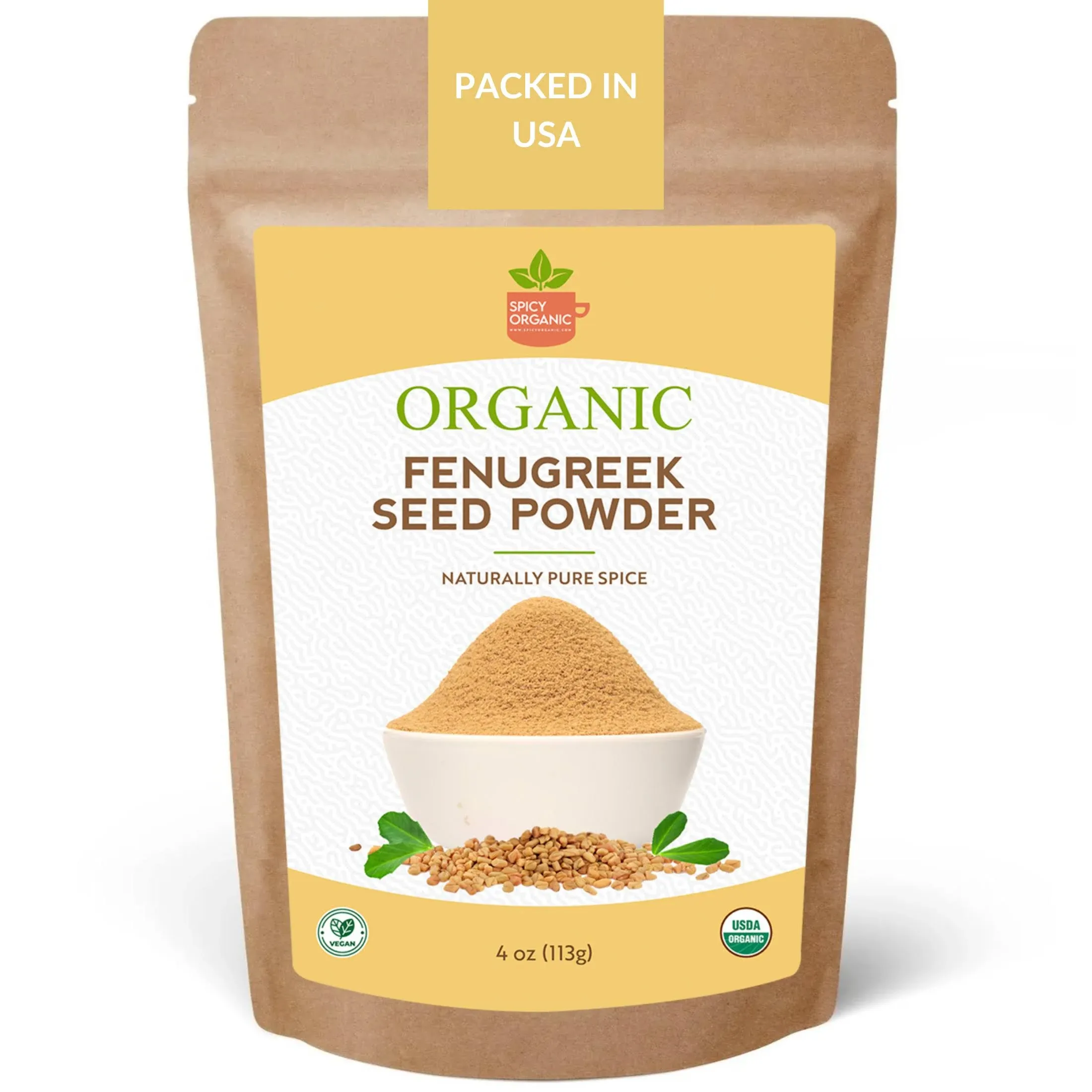 SPICY ORGANIC Fenugreek Powder -4 OZ - USDA Certified Organic - Freshly Ground Indian Fenugreek Seeds for Hair, Tea & Robust Seasoning Spice in Cooking