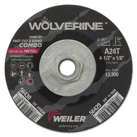 Weiler Wolverine 4-1/2 Type 27 Cut/Grind Combo Wheel, A24T, 10/Pack (Wei-56429)