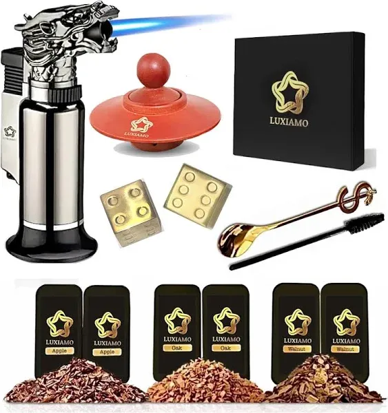 Cocktail Smoker Kit With Torch in Gift Box, 3 Flavors Wood Chips, Bourbon, Whiskey Smoker Infuser Kit, Old Fashioned Drink Smoker Kit, Birthday Bourbon Whiskey Gifts for Men, Dad, Husband (No Butane)