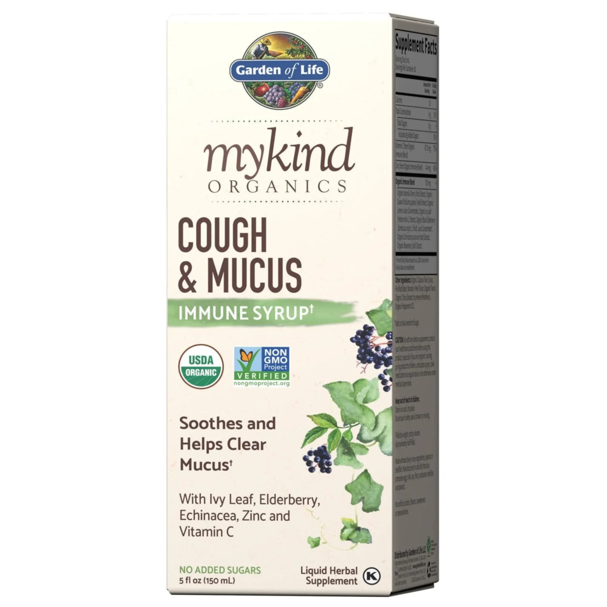 Garden of Life Elderberry Zinc Immune Support for Adults and Kids 12 & Older, mykind Organics Cough & Mucus Immune Syrup 5 fl oz with Ivy Leaf, Vitamin C and Echinacea, No Added Sugars