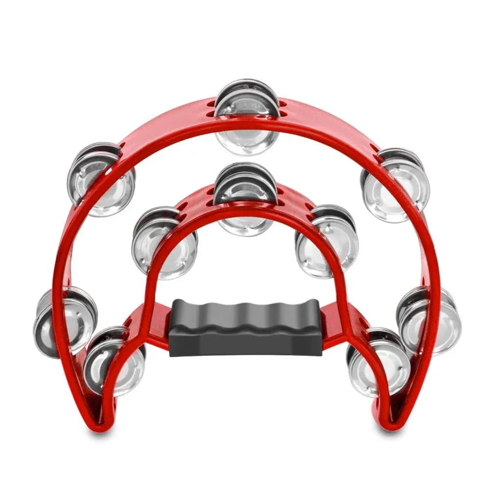 Flexzion Tambourine Metal Half Moon Musical Instruments Double Row Metal Jingles Hand Held Instruments Percussion with Ergonomic Handle Grip, Tambourines for Adults Church, Red