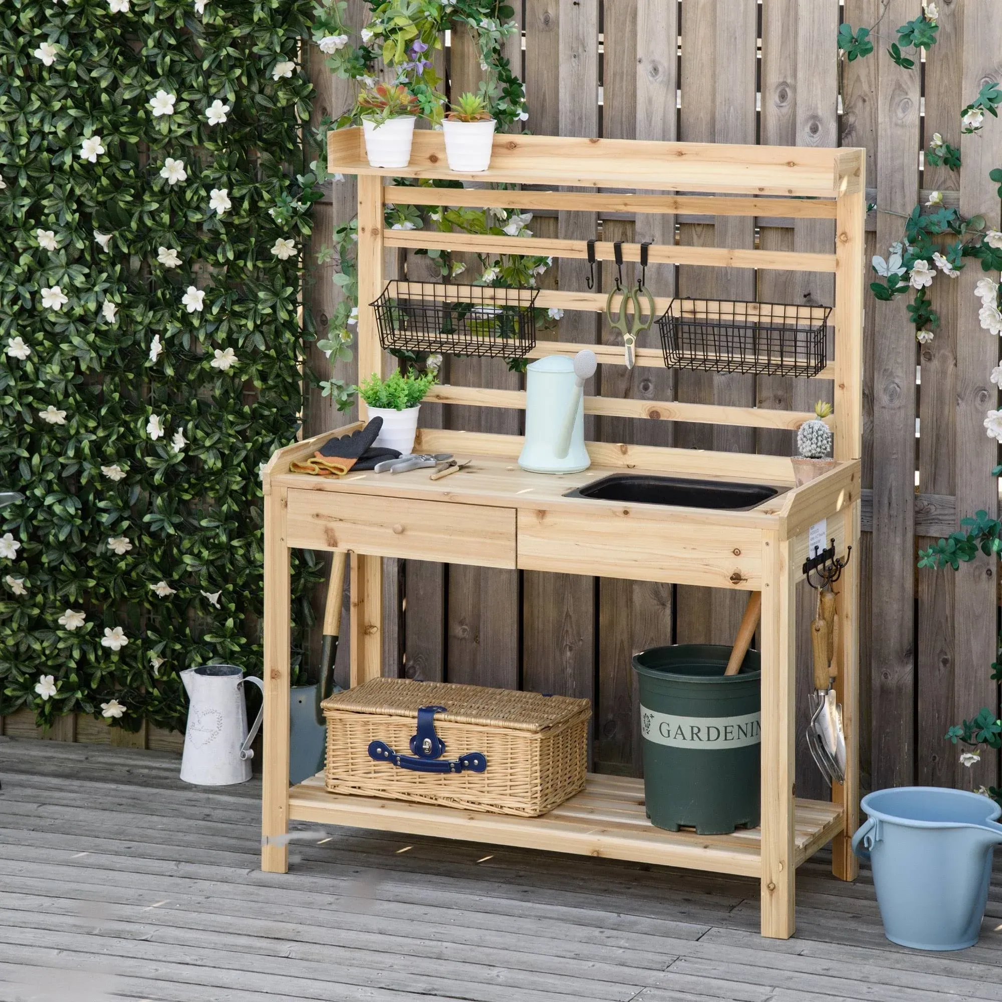 Outsunny Potting Bench Table, Garden Work Bench, Workstation with Metal Sieve Screen, Removable Sink, Additional Hooks and Baskets