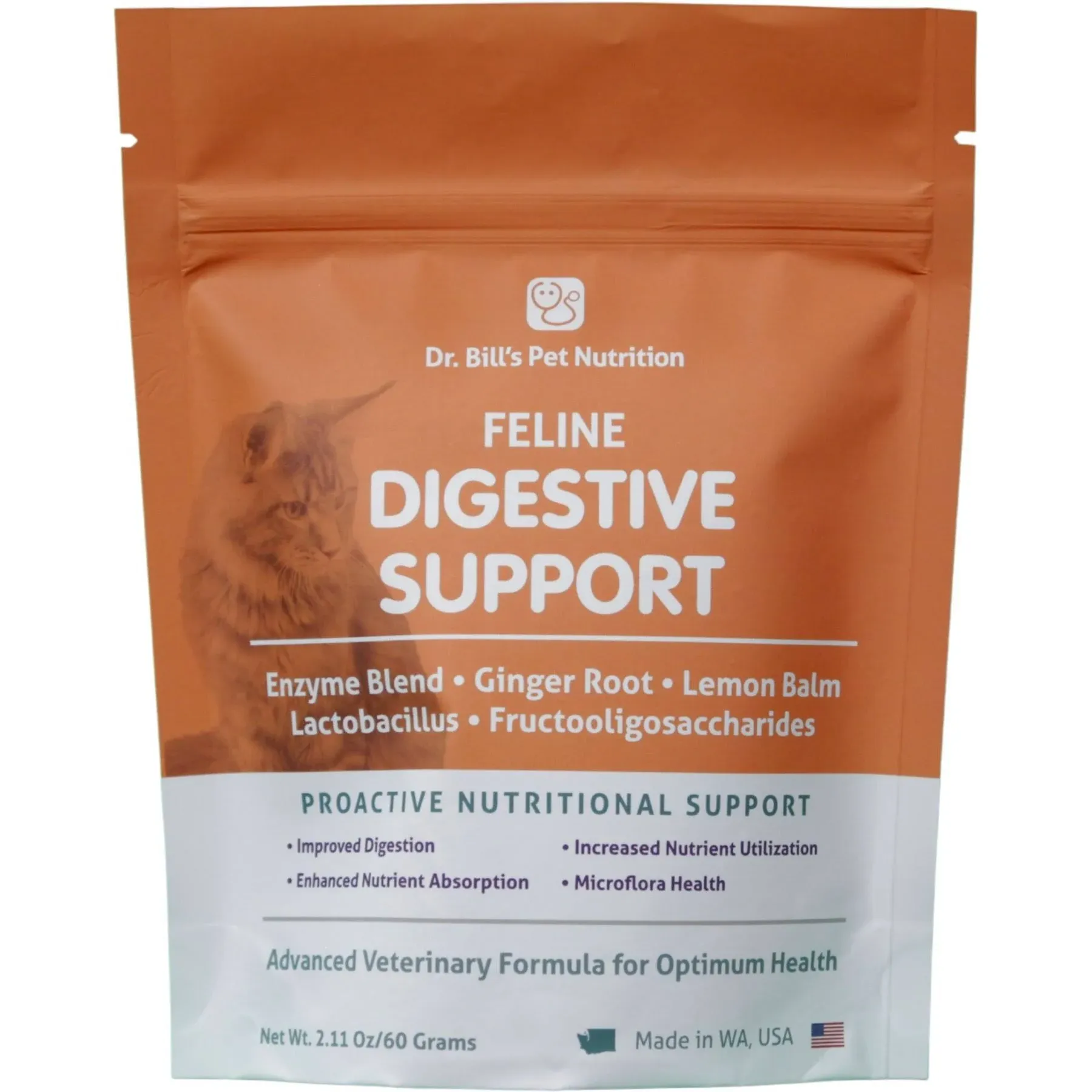 Dr. Bill's Feline Digestive Support Cat Prebiotics and Probiotics with Ginger Root, Psyllium Husk, Lemon Balm & More | 41 Active Ingredients for Better Digestion & Gut Health | Made in The USA