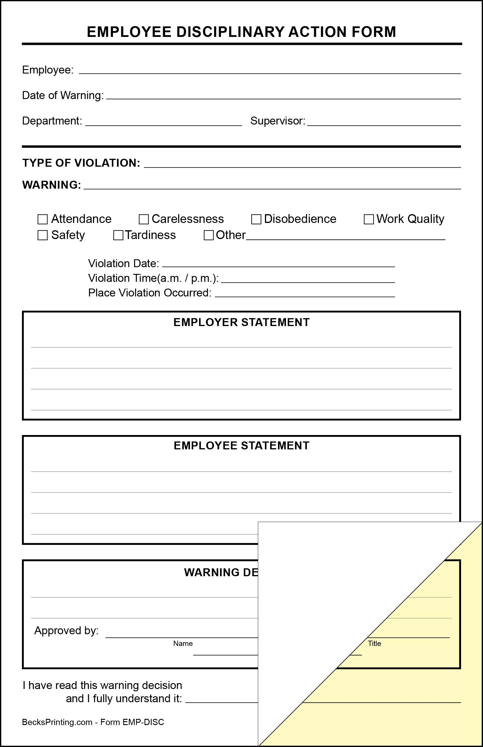 Employee Disciplinary Action Forms 2 Part Carbonless Paper - Pack of 250